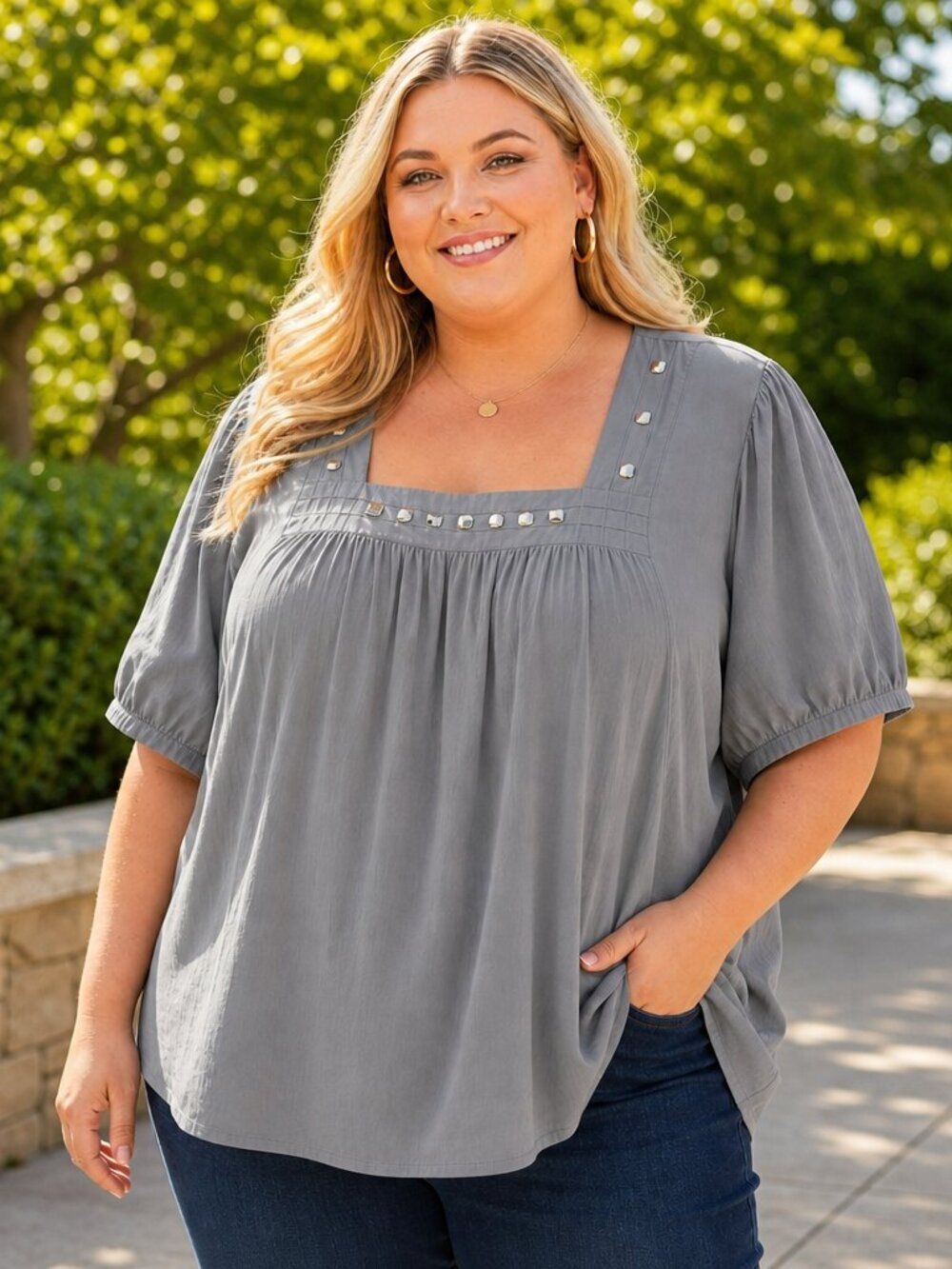 Daisy Fuentes Grey Puff‑Sleeve Embellished Neckline Blouse – 3X